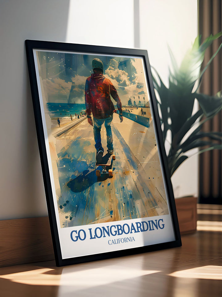 Bring the excitement of Venice Beach into your space with this Longboarding Art Print. Featuring scenes from the Venice Beach Boardwalk and Muscle Beach, this artwork is ideal for fans of retro skating culture and California vibes.