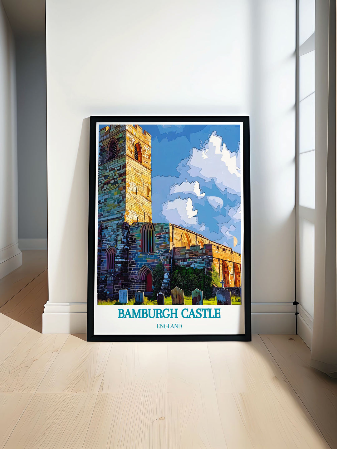 Beautiful print of Bamburgh Castle and St Aidans Church in Northumberland ideal for coastal decor and historical site lovers perfect wall art for travel enthusiasts and nature lovers stunning addition to any home decor collection