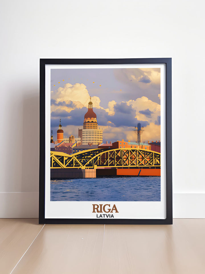 Riga travel poster capturing the peaceful atmosphere of the Daugava River as it flows through Latvias capital. This detailed art print is a perfect reminder of the serene beauty found in one of Rigas most beloved landmarks.