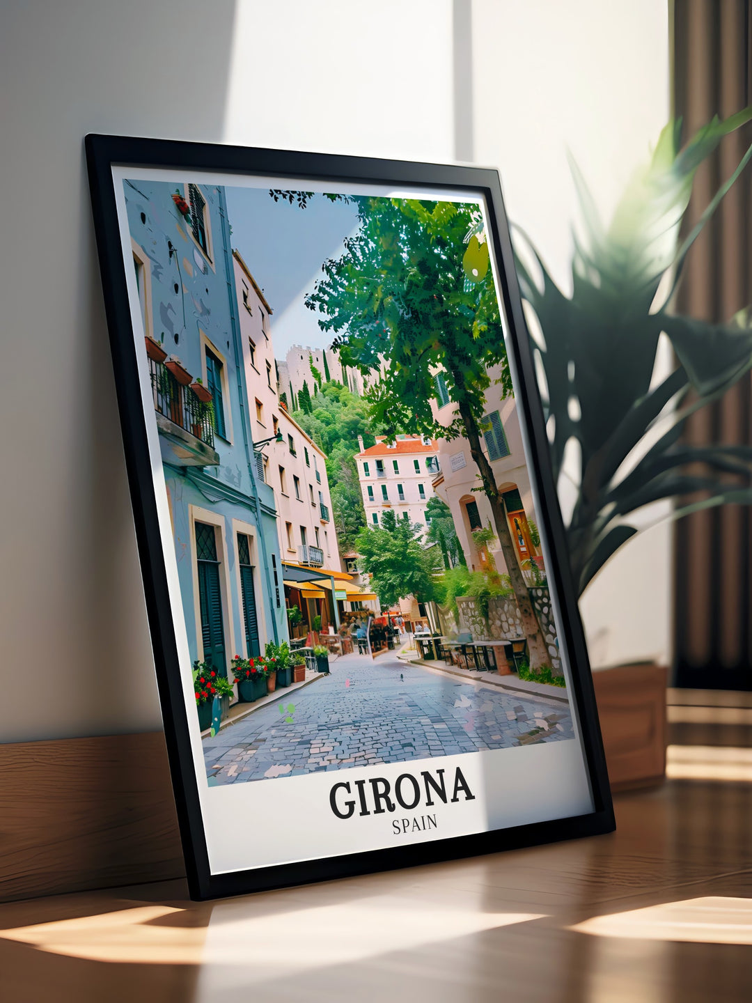 Stunning Girona travel print capturing the timeless beauty of Gironas Old Town in Catalonia. The artwork reflects the rich history and architectural splendor of this ancient district, making it a perfect piece for those who appreciate the art of Spain