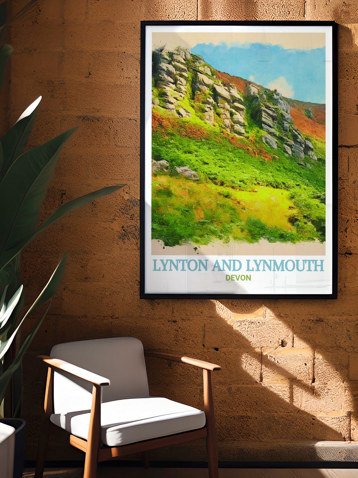 Elegant print of Valley of Rocks, capturing the awe inspiring cliffs and wild goats of one of Lynton And Lynmouths most iconic locations. The detailed illustration and vibrant colors make this print a beautiful addition to any home decor.