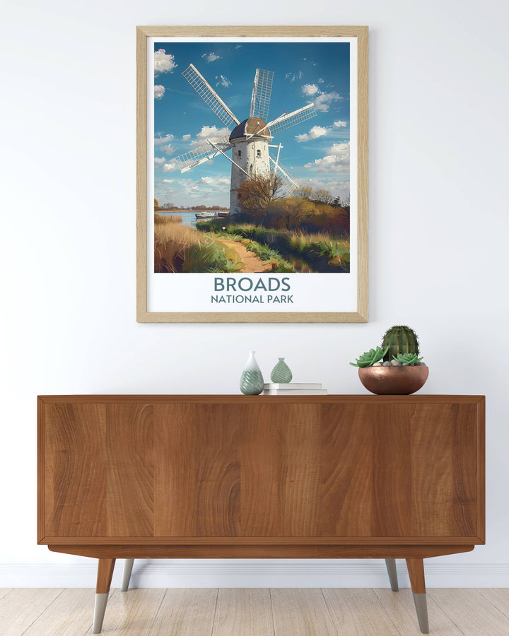 Bring the serene beauty of Thurne Windmill into your home with this captivating print. This piece highlights the picturesque views of the Norfolk Broads, making it a wonderful addition to any room or office space.