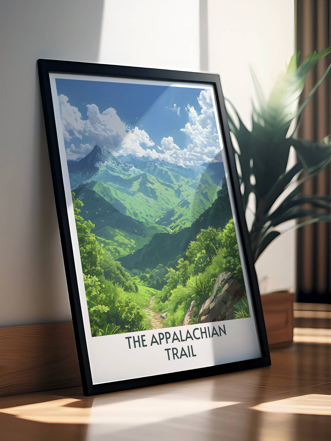 Scenic view of the Great Smoky Mountains in a detailed print capturing the lush landscapes and vibrant flora of the Appalachian Trail.