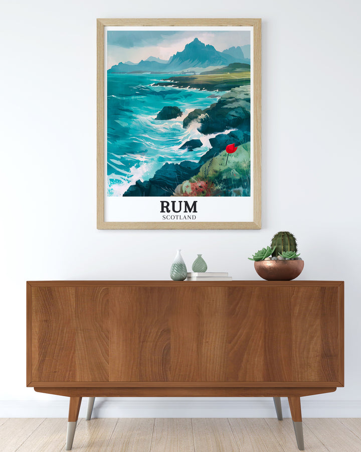 Immerse in the rugged beauty of Scotlands Inner Hebrides with our Rum Scotland Poster, featuring the majestic landscapes of the Isle of Rum and the serene shores of Sanday. Perfect for bringing the charm of Scotland into your home.