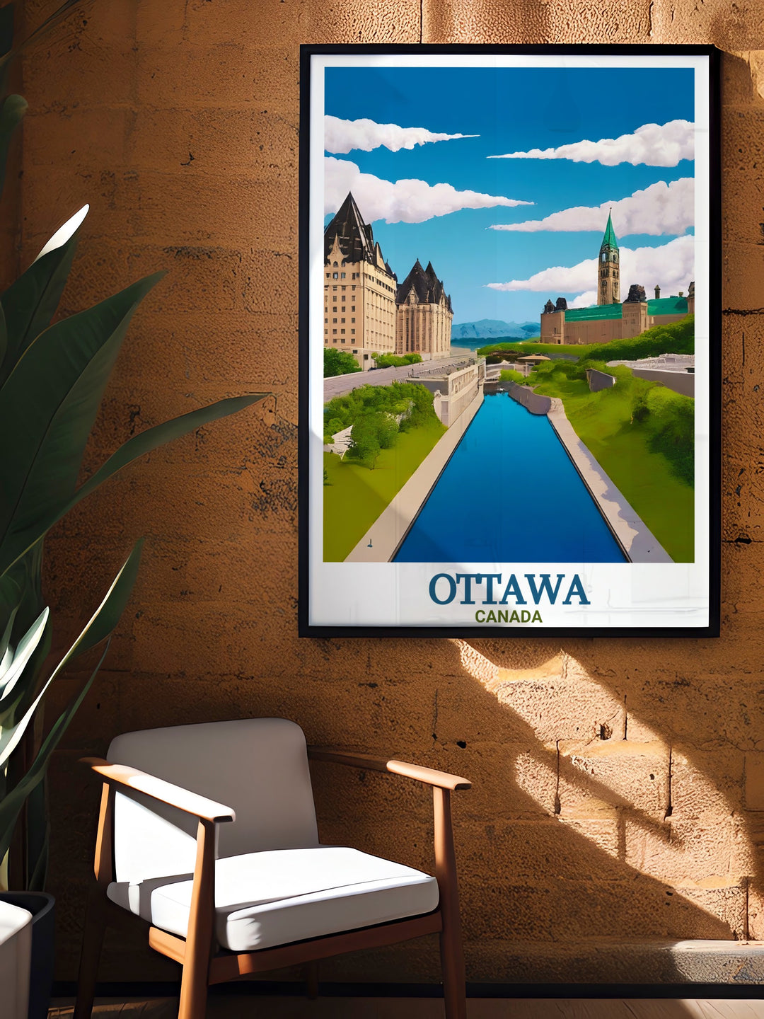 Ottawa Photo print featuring Rideau Canal and the citys skyline. This travel poster is perfect for those who appreciate photography and the beauty of Ottawas iconic landmarks providing a captivating view of Rideau Canal.