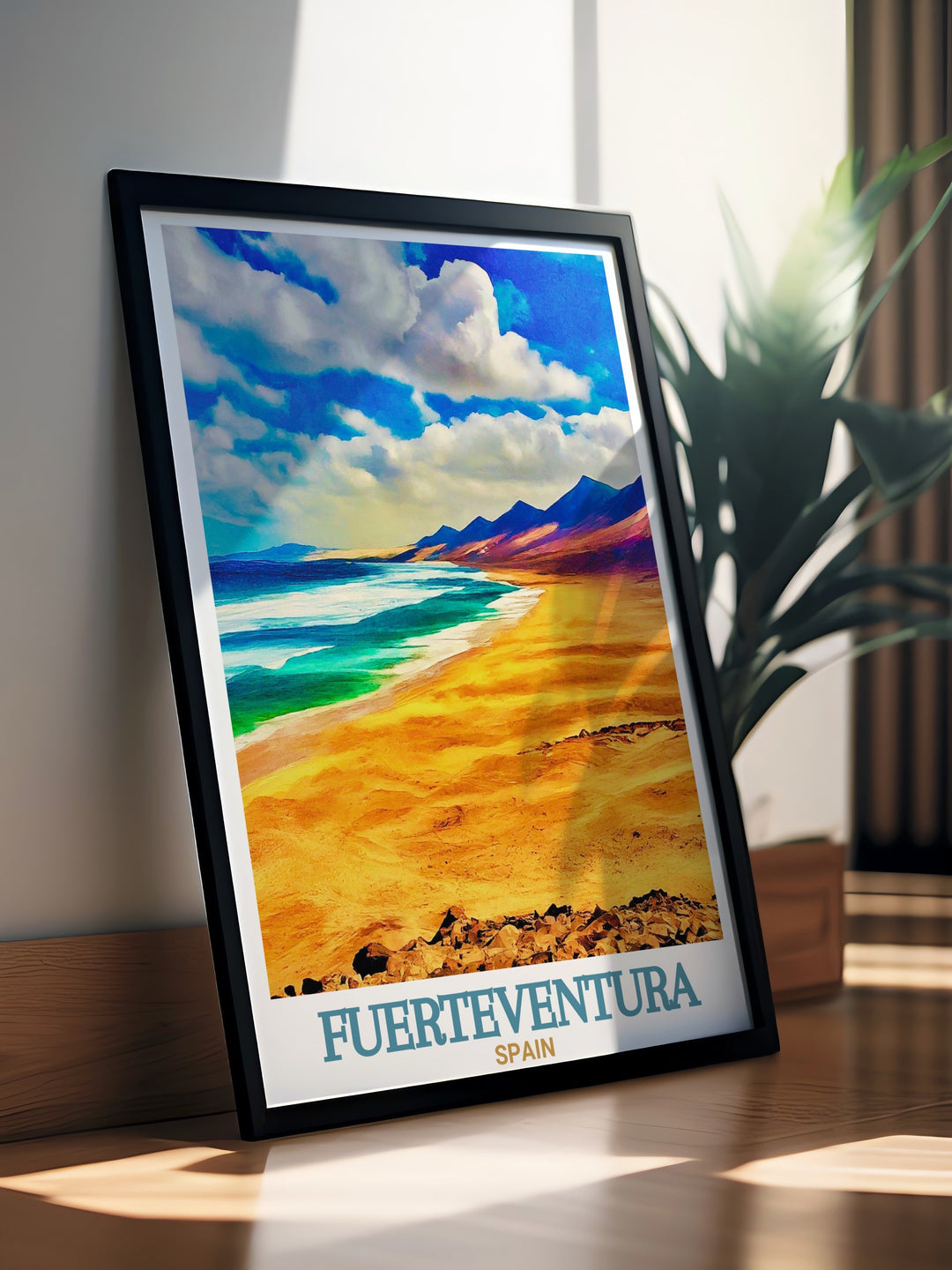 Fuerteventura travel print featuring the breathtaking Cofete Beach in the Canary Islands. Ideal for beach lovers or those inspired by travel, this poster brings a sense of calm and adventure to any room.