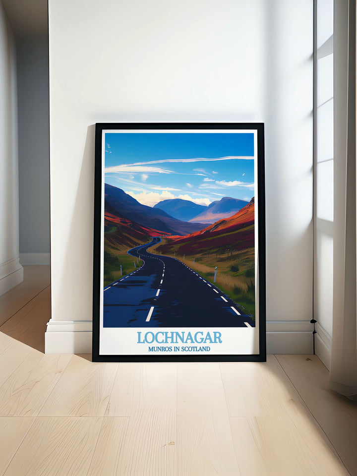 Cairnwell Pass Travel Poster capturing the scenic beauty of the Scottish Highlands with a vintage travel print style showcasing the majestic Munros of Scotland perfect for home decor and nature enthusiasts who love Scottish mountains and national park prints