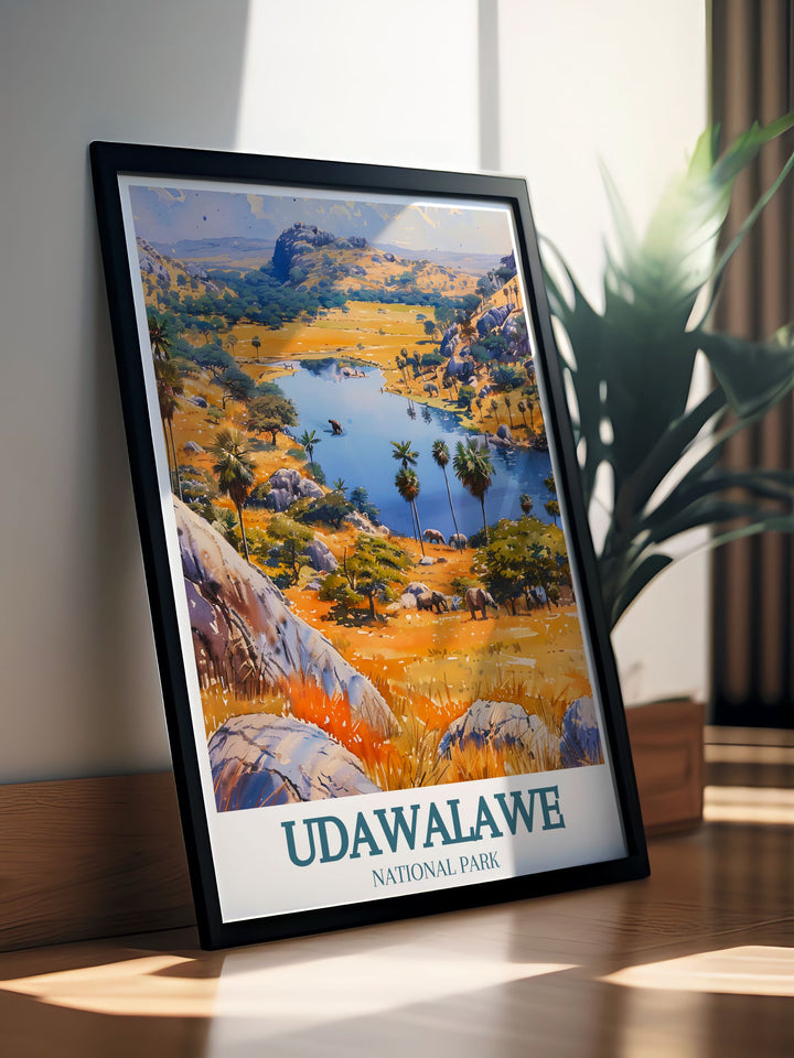 Stunning Udawalawe Reservoir Walawe River print capturing the tranquil waters and lush surroundings of one of Sri Lankas most cherished national parks making a unique and thoughtful Sri Lanka gift for any occasion.