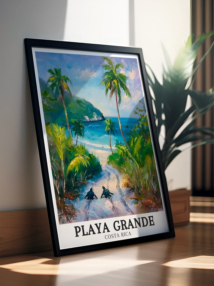 Immerse yourself in the stunning beauty of Playa Grande with this travel print. Featuring Costa Ricas golden sands and tranquil ocean views, this poster is perfect for nature lovers and those who dream of exploring the pristine shores of Marino Las Baulas National Park and Congo Beach.