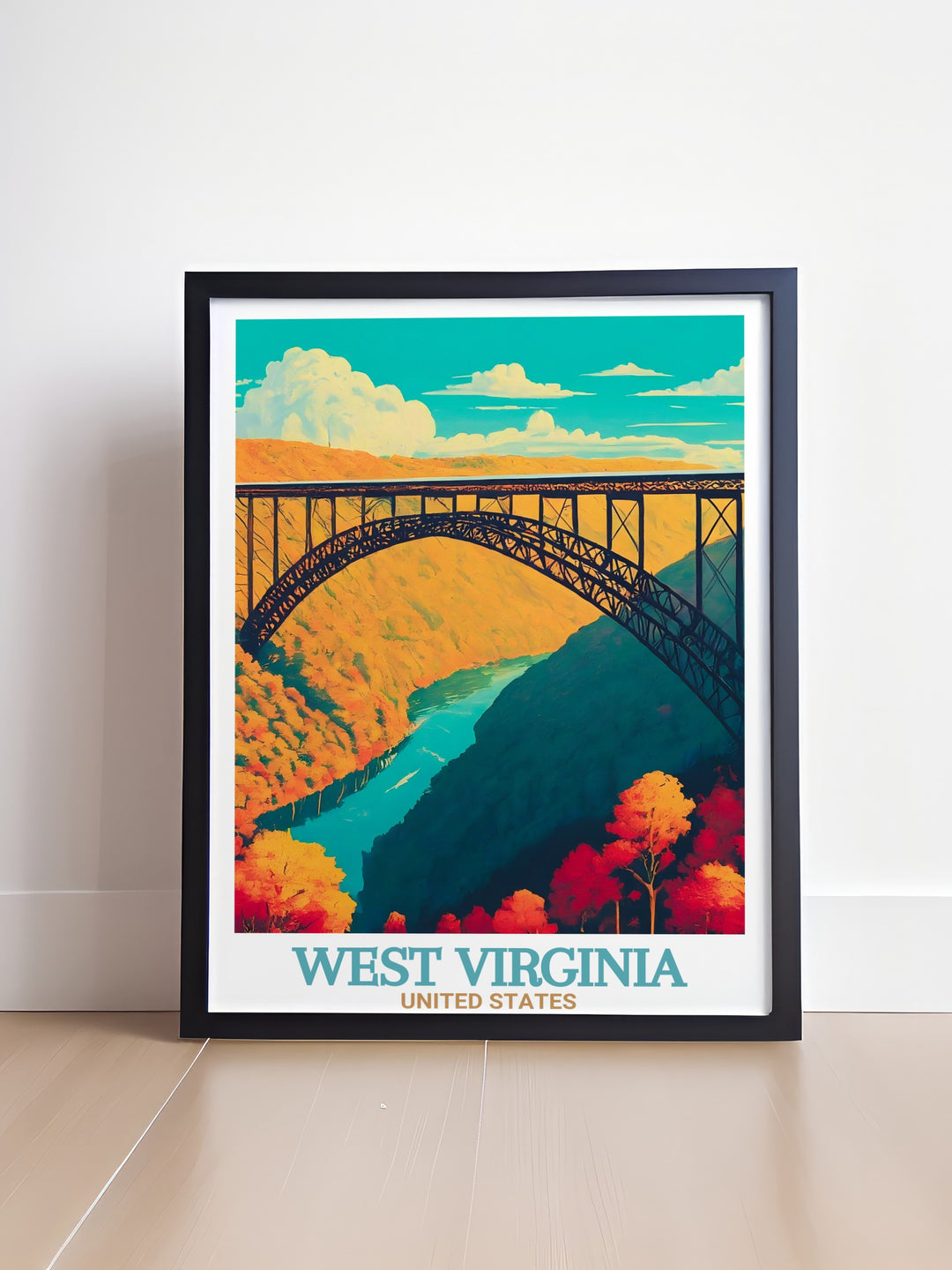 Framed West Virginia poster featuring Snowshoe Ski Resort and New River Gorge Bridge ideal for creating a cozy ski lodge atmosphere or adding a touch of adventure and natural beauty to your home decor with this stunning artwork.