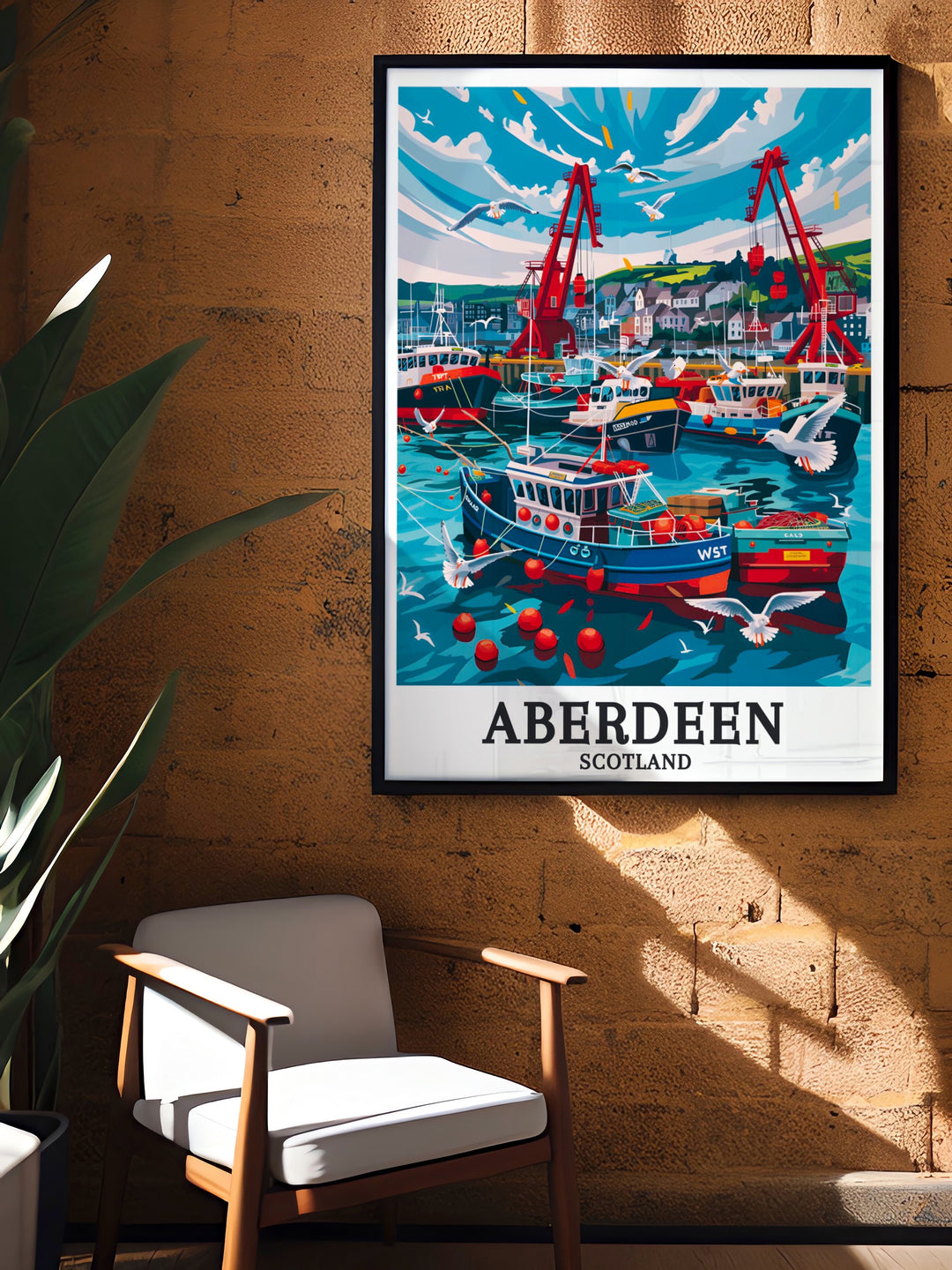 Aberdeen Poster featuring a detailed view of the Port of Aberdeen, emphasizing its role as a cornerstone of Scotlands maritime history. This art print is perfect for those who appreciate the blend of tradition and modernity in Aberdeens landmarks