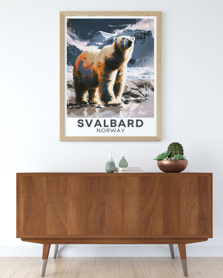 Breathtaking Svalbard painting of Polar Bears in their icy habitat. This travel poster print is a perfect wall decor choice and an ideal gift for birthdays, anniversaries, and Christmas.