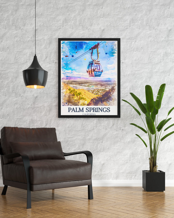 Palm Springs Poster Print featuring stunning landmarks like the Palm Springs Aerial Tramway and Coachella Valley, showcasing the beauty of Californias desert and mountain landscapes. This travel print is a perfect addition to any home decor or a memorable gift for art lovers.