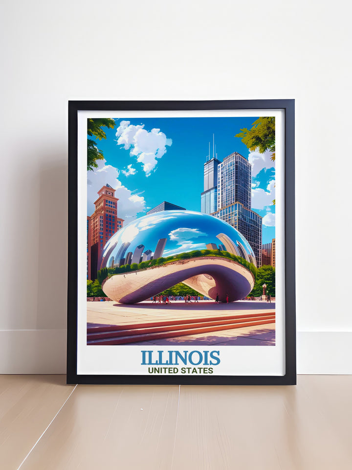 A vintage inspired Chicago skyline poster capturing the modern and historic beauty of the city. Featuring Millennium Park and the bold architecture of downtown Chicago, this wall art is a great addition to any home or office.