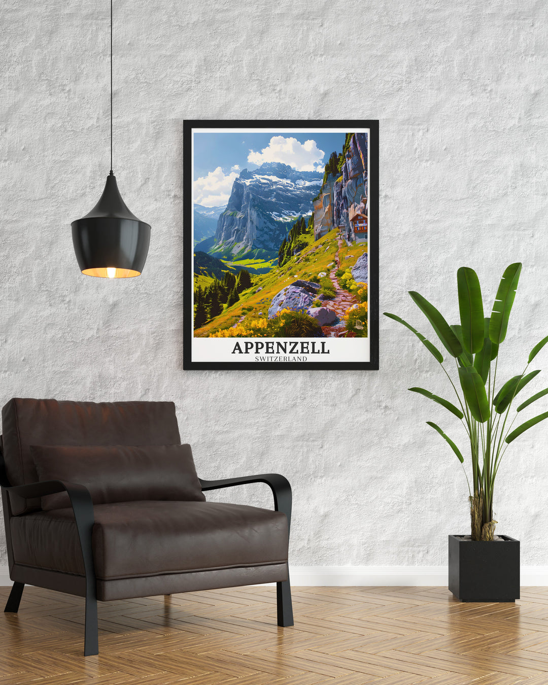 Ebenalp canvas print highlighting the natural beauty of the Swiss Alps, with its rugged cliffs and expansive views of the valley. Perfect for anyone who appreciates mountain landscapes.