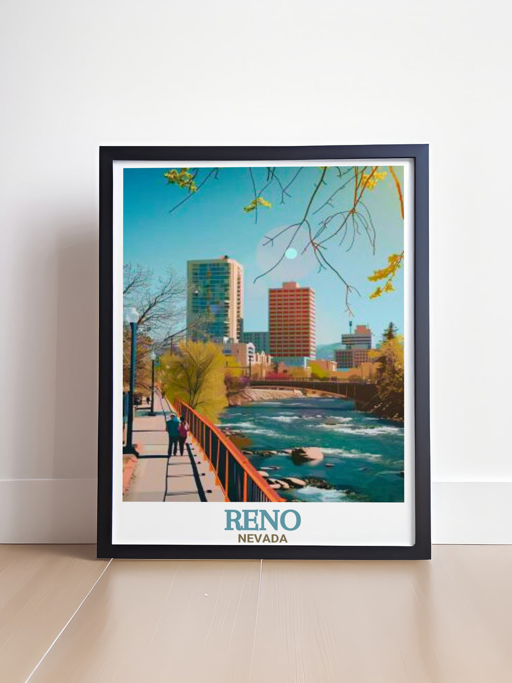 A vibrant poster of the Truckee Riverwalk in Reno, highlighting the charm of this downtown destination. With clear views of the river and the surrounding cityscape, this art print captures Renos blend of natural beauty and urban excitement.