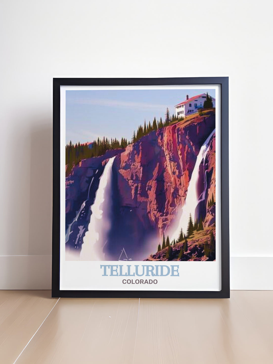 A vibrant Telluride poster print showcasing Bridal Veil Falls, Colorados tallest free falling waterfall. This detailed art print captures the essence of Tellurides natural beauty and is perfect for adding a touch of adventure to your home décor.