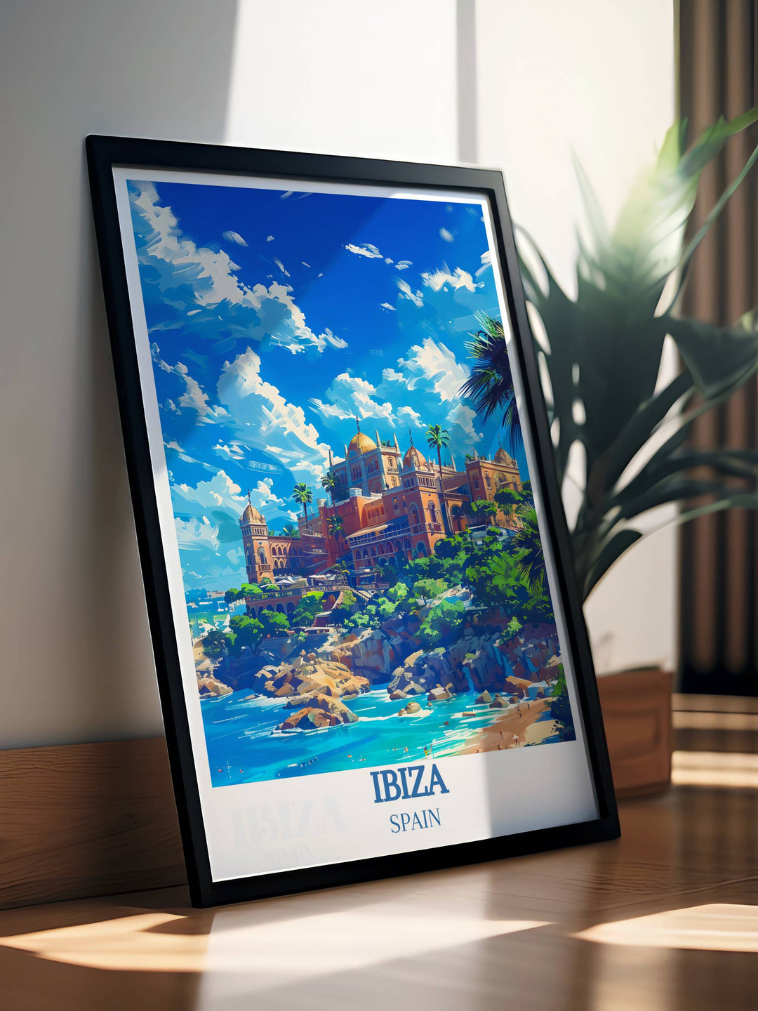 Ibiza Spain Print featuring the famous Ocean Beach Club and the tranquil Cala d Hort Beach capturing the dual essence of Ibiza's energetic club life and serene coastal beauty perfect for any room