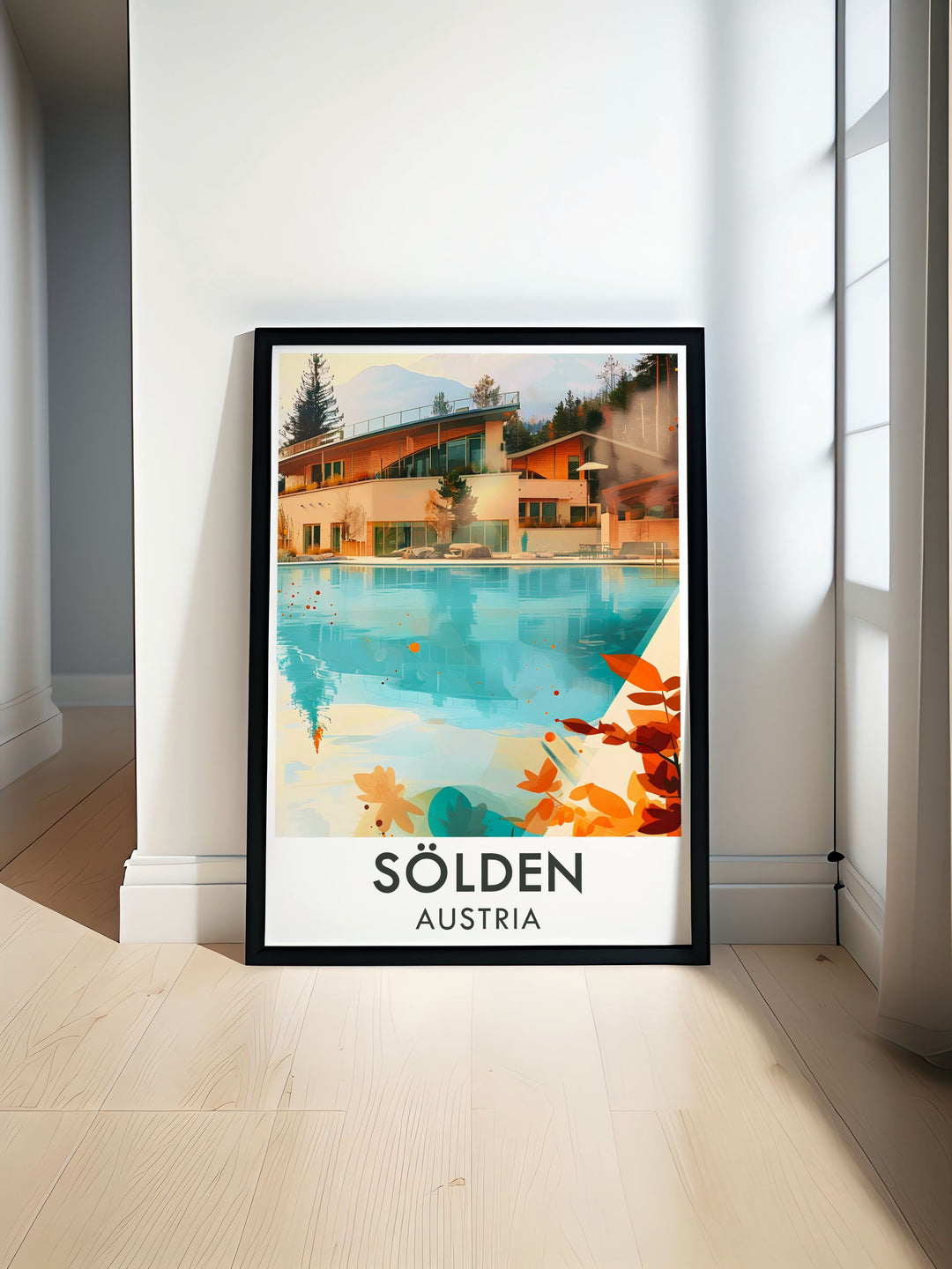The picturesque Aqua Dome and the dynamic slopes of Solden Ski Resort are beautifully illustrated in this poster, offering a glimpse into the exhilarating experiences and scenic beauty of Austria.