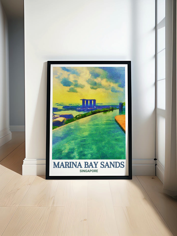 Marina Bay Sands Art Print celebrating the combination of cutting edge architecture and stunning views from the Infinity Pool. This print adds a touch of modern sophistication to any room, ideal for lovers of contemporary art.