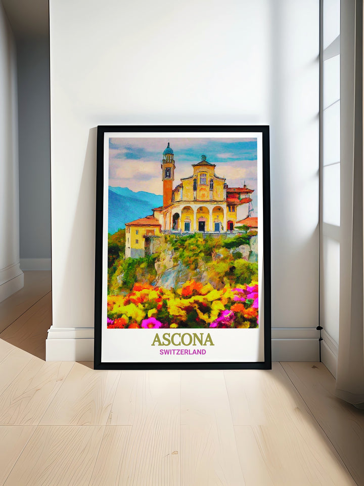 Wall poster of Ascona and Madonna del Sasso, offering a serene glimpse into the tranquil beauty of Swiss culture and nature.