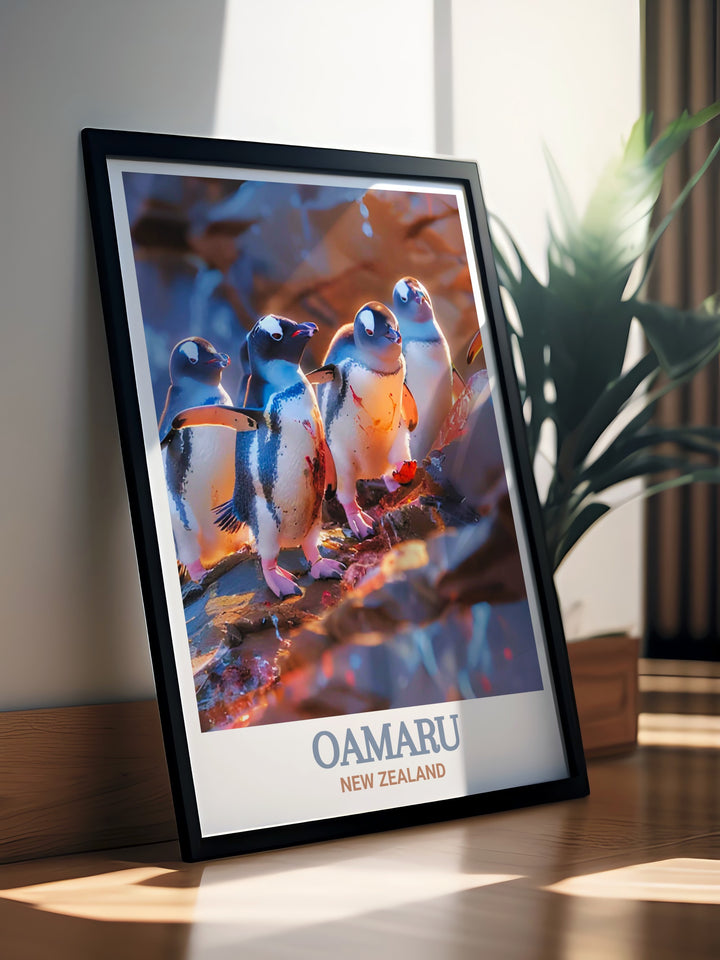 New Zealand Vintage Poster inspired by classic travel art, featuring the lively Blue Penguin Colony of Oamaru. This vintage style poster adds a timeless appeal to your space, celebrating the charm and beauty of New Zealands wildlife.