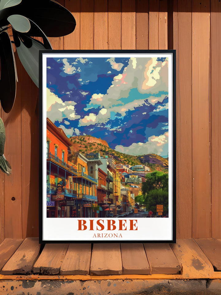 Bring the charm of Historic Downtown Bisbee into your home with this Arizona travel print. Perfect for wall decor this Bisbee artwork captures the towns vibrant spirit making it an ideal Arizona travel gift or home decor piece.