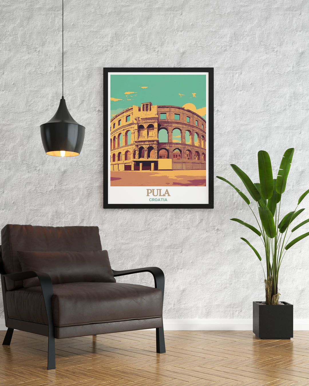 An exquisite depiction of the Pula Arena, highlighting its towering stone arches and vast open space. This wall art captures the essence of this ancient Roman structure, bringing a touch of classical elegance to any room.