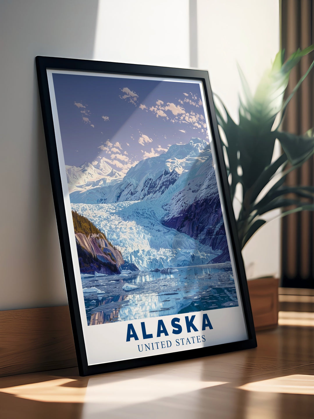 This Alaska wall art featuring Mendenhall Glacier is a celebration of the states breathtaking landscapes. The detailed depiction of the glaciers icy blue formations makes this poster an eye catching piece for any nature inspired decor.