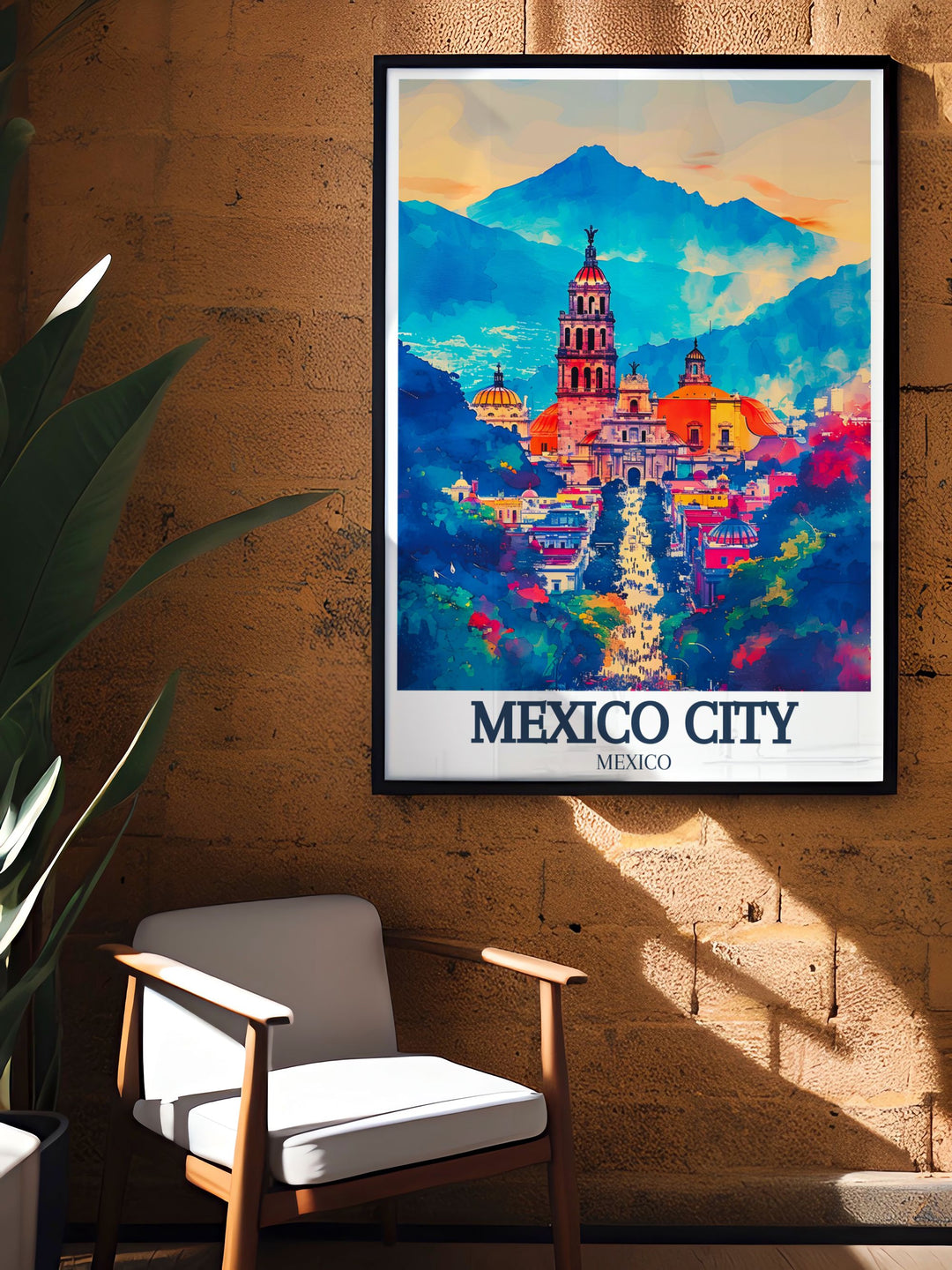 Elegant Mexico City travel print depicting Metropolitan cathedral Zocalo Chapultepec castle. This artwork is a perfect gift for lovers of Mexican culture and history adding a touch of sophistication to any room.