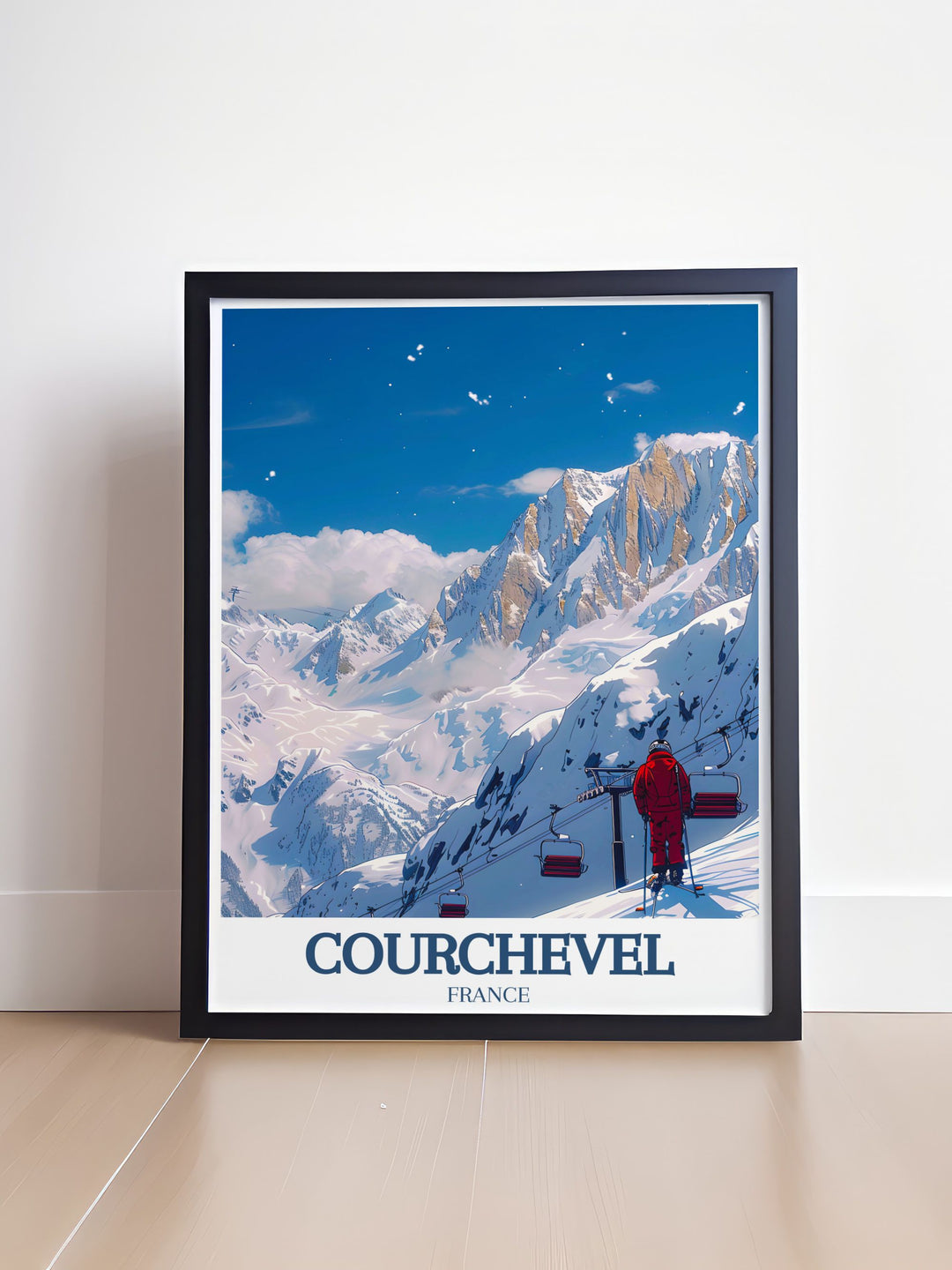 Celebrate the beauty of the French Alps with this Courchevel travel print. Featuring La Saulires stunning peaks, this artwork is perfect for those who love skiing and winter sports, making it a perfect addition to your wall décor or as a special gift.