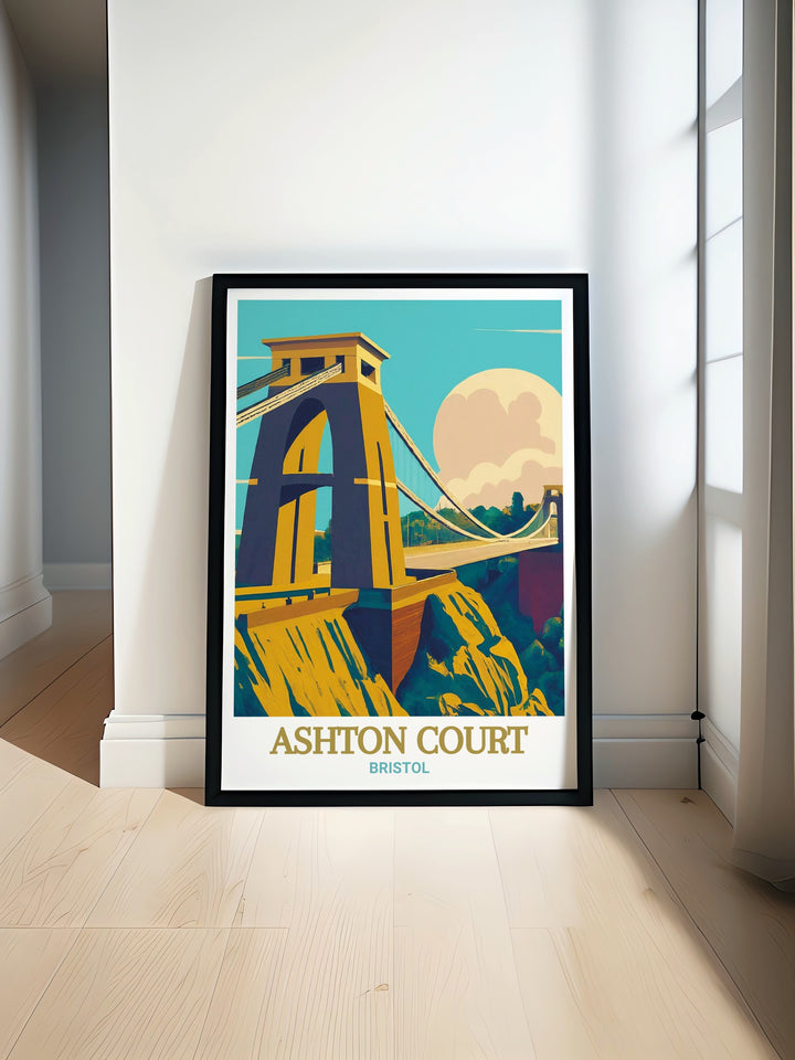 Ashton Court Mountain Biking Travel Poster paired with The Clifton Suspension Bridge artwork brings together the thrill of cycling and the elegance of iconic architecture. Perfect for adding a touch of adventure and sophistication to your home decor.