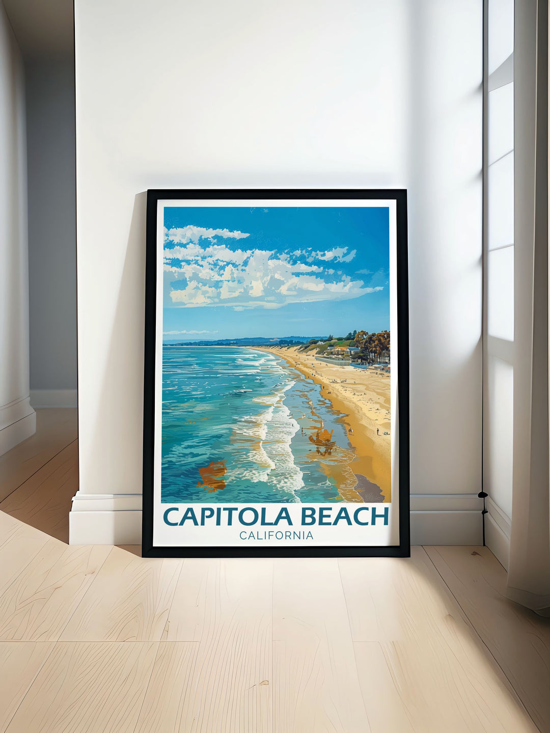 Capitola Beach Travel Poster showcasing vibrant colors and stunning details capturing the serene beauty of Californias coastline perfect for home decor and gifts enhancing any living space with the charm of Capitola Beach
