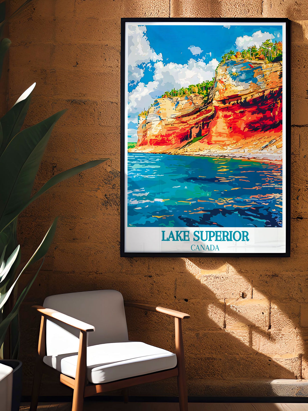 Vibrant travel poster of Pictured Rocks National Lakeshore, showcasing the palette of colors from the towering sandstone cliffs, ideal for art enthusiasts.