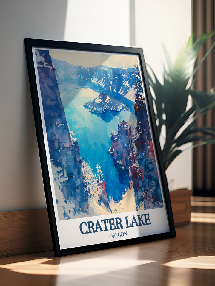 This poster showcases the picturesque shores of Crater Lake and the mystical allure of Wizard Island, adding a unique touch of Oregons historical and natural beauty to your living space.