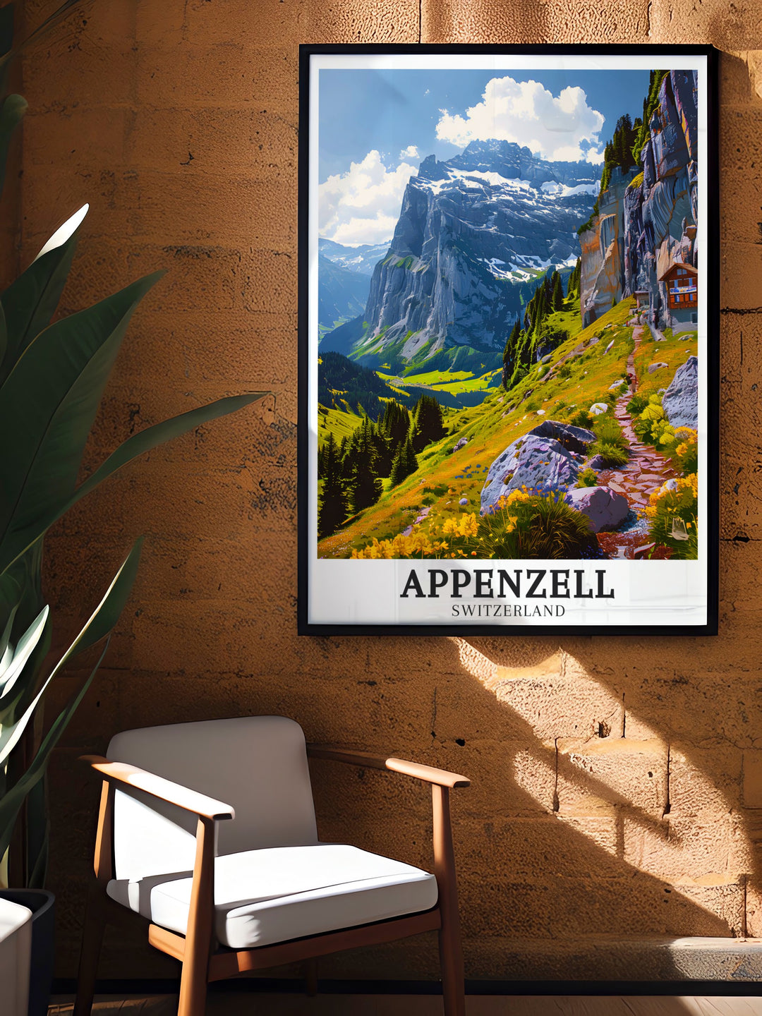 Aescher guesthouse canvas art showcasing this iconic Swiss guesthouse built into the side of Ebenalp Mountain. This print brings the unique architecture and natural beauty of the Swiss Alps into your home.