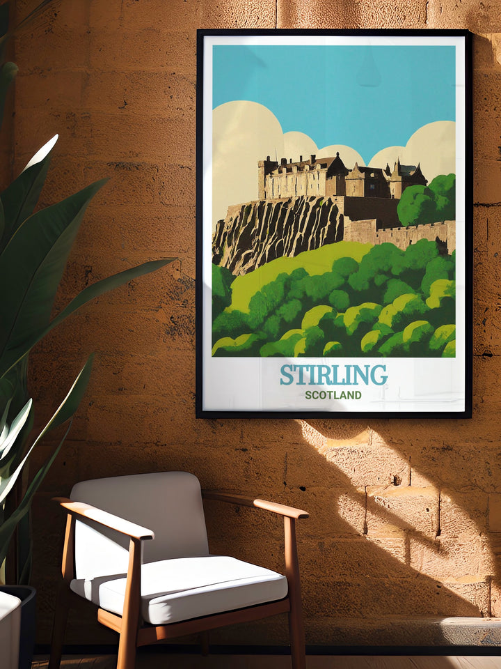 Stirling Castle, one of Scotlands most important landmarks, is beautifully rendered in this travel poster. Whether as a gift or a personal treasure, this print captures the heart of Scottish history and is perfect for home décor.