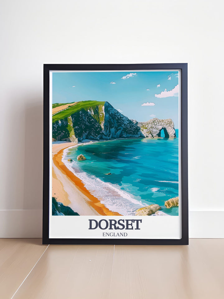 Lulworth Coves unique geological formations and serene environment are celebrated in this poster, making it a must have for those who appreciate natural history.
