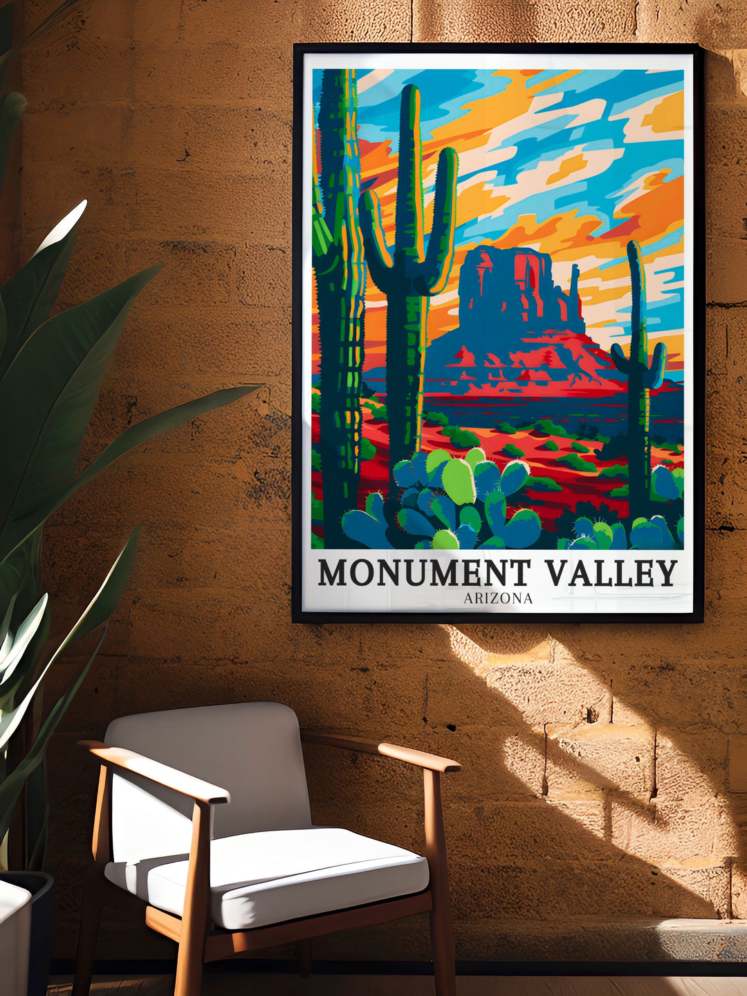 Monument Valley art featuring Merrick Butte and Saguaro Cactus is an ideal addition to your Arizona wall decor offering a stunning representation of the desert landscape perfect for creating a warm inviting space.