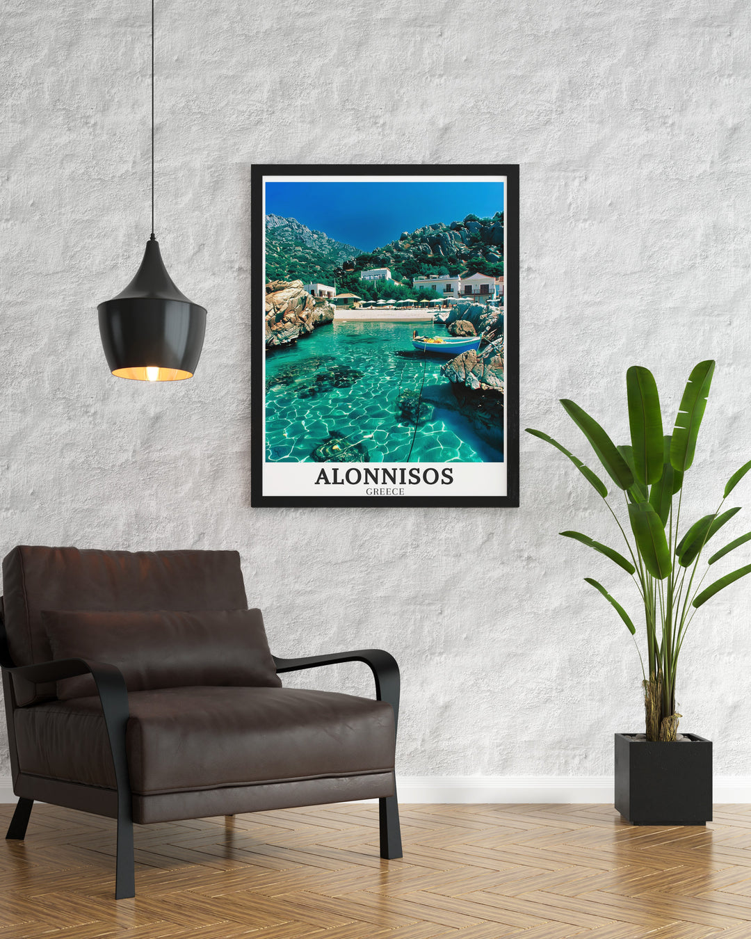 Vrissi beach framed art capturing the peaceful atmosphere of this idyllic Alonnisos location. The print highlights the beauty of Greeces coast, making it a great addition to any home seeking a calming, natural aesthetic.