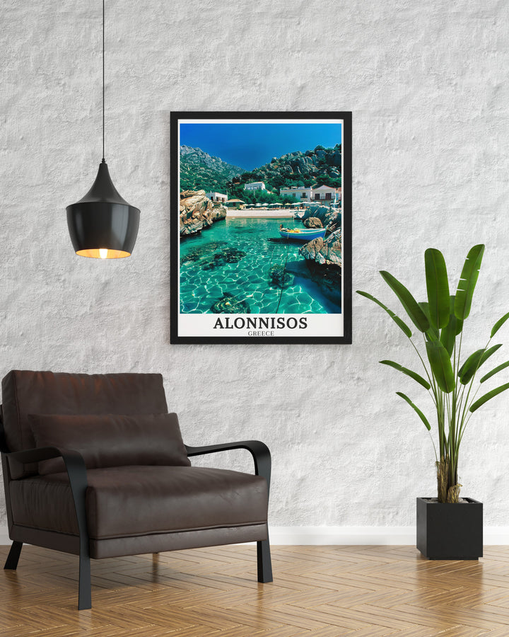 Vrissi beach framed art capturing the peaceful atmosphere of this idyllic Alonnisos location. The print highlights the beauty of Greeces coast, making it a great addition to any home seeking a calming, natural aesthetic.