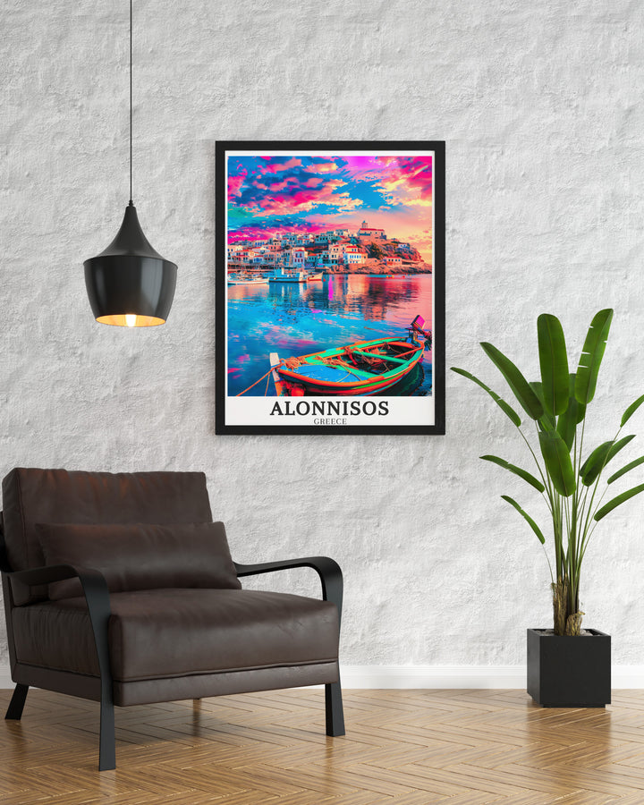 Old Town travel print showcasing the historic beauty of Alonnisos. The artwork highlights the narrow streets and ancient charm of the Old Town, bringing the spirit of Greeces islands into your space.