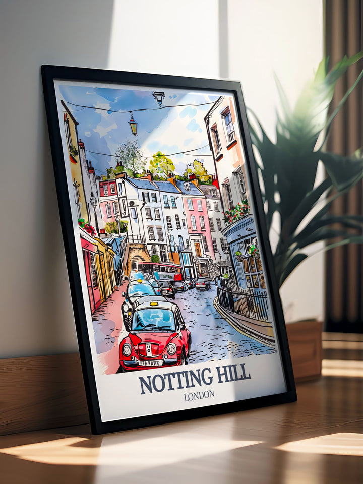 A striking Notting Hill Travel Print showcasing Portobello Road and Talbot Road. This artwork brings the energy and beauty of Londons streets to life, making it a great addition to any home or as a thoughtful gift for friends and family.