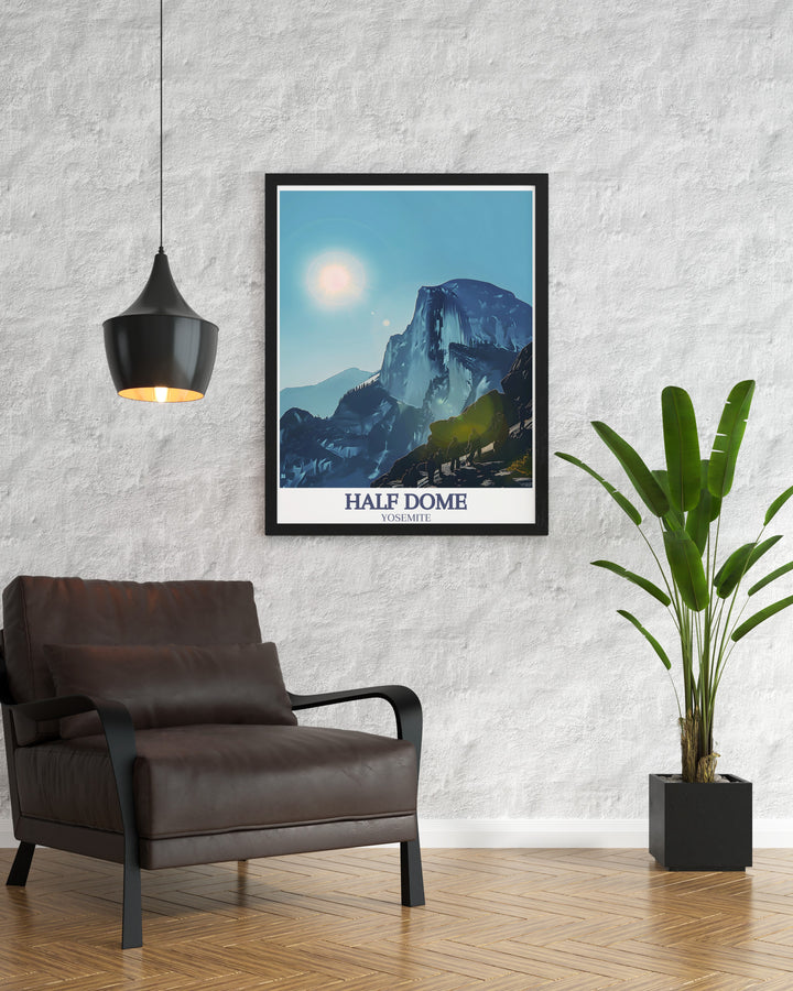 Celebrate Yosemite National Park with this beautiful travel print, highlighting Half Dome and the scenic views from Glacier Point. Perfect for wall decor in living rooms, offices, or bedrooms, this Yosemite artwork is a great gift for national park enthusiasts.