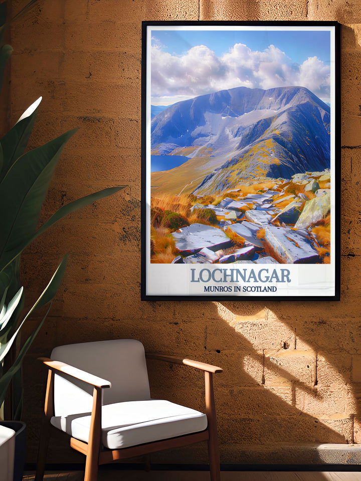 Lochnagar Summit Artwork featuring the breathtaking beauty of the Scottish Highlands with detailed vintage travel prints of Lochnagar Munro and Beinn Chìochan Munro bringing the majesty of nature into your home or office