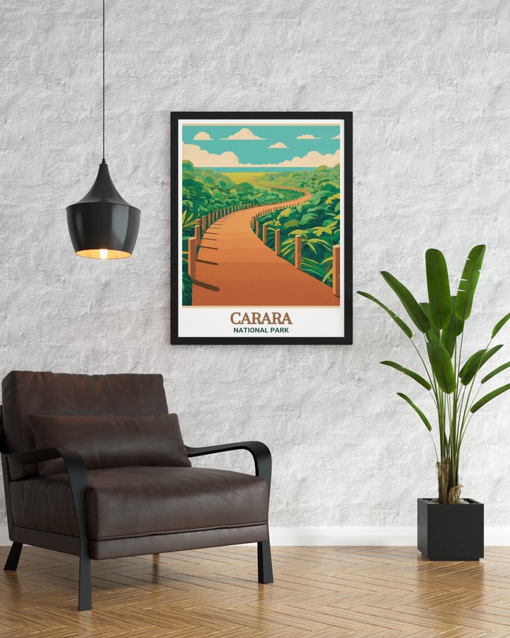 Costa Rica Travel Poster showcases the breathtaking views of the Universal Trail and the tropical environment of Carara National Park. A vibrant reminder of natures splendor, perfect for any space.