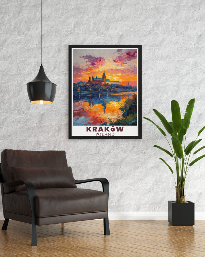 Bring the beauty of Wawel Castle into your home with this Krakow travel poster. This art print captures the historic charm of one of Polands most beloved landmarks, making it a wonderful gift for travelers and art enthusiasts.