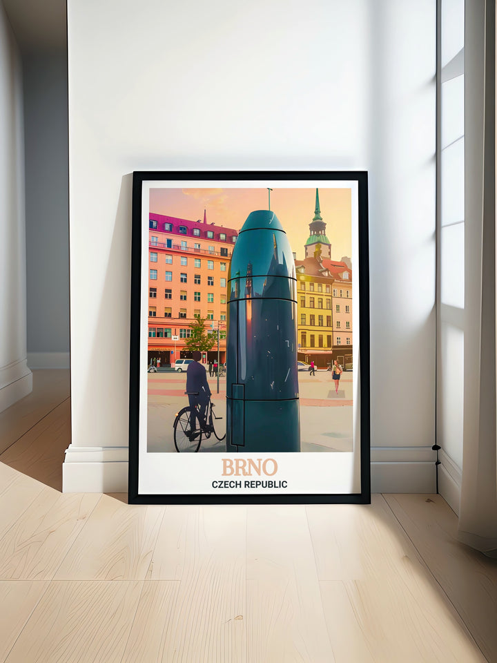 Brno travel poster showcasing the iconic Brno Astronomical Clock in modern prints perfect for elegant home decor and stunning living room decor