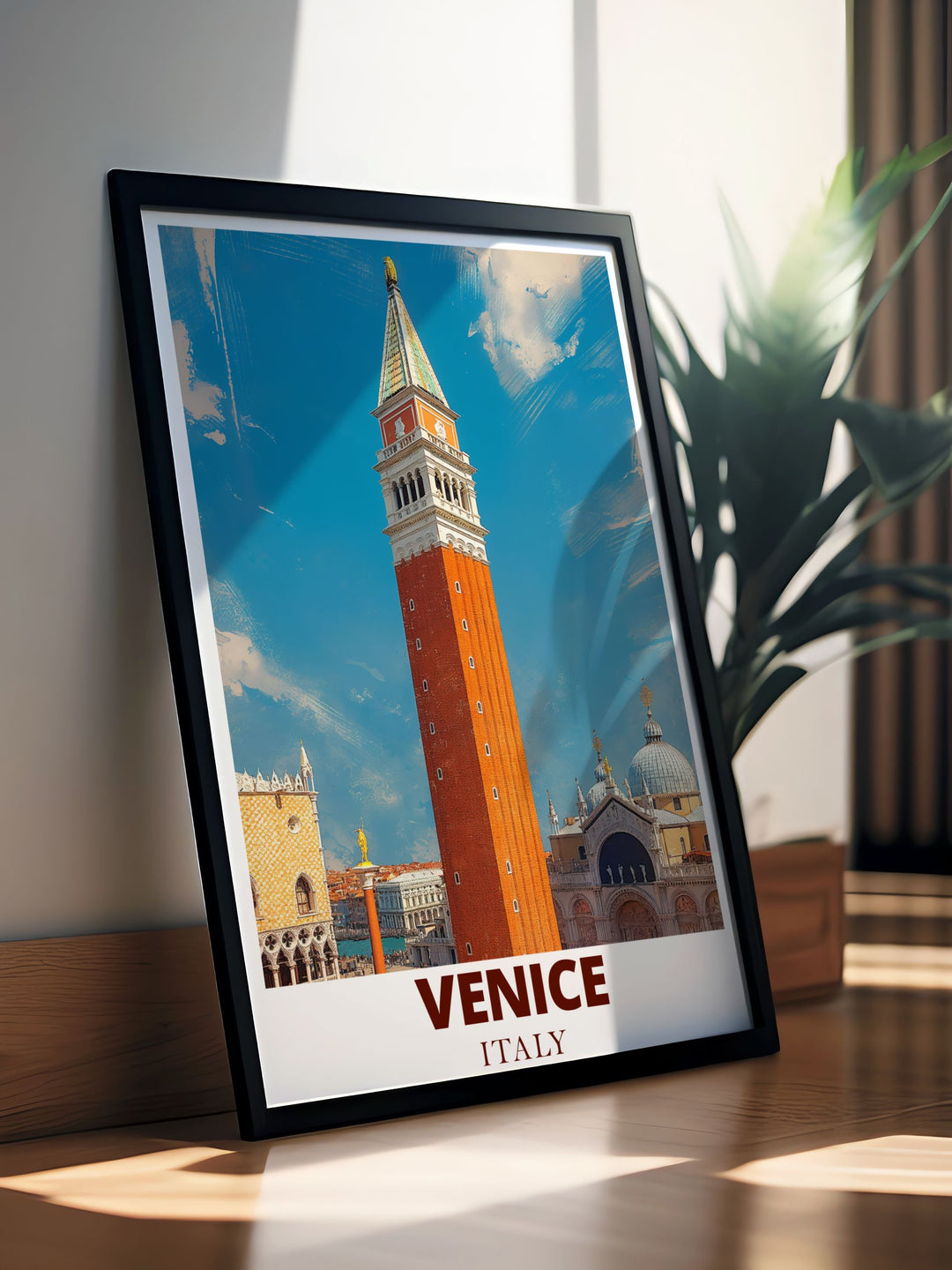 Stunning Venice travel poster with a focus on the Campanile and vibrant city scenes perfect for adding a cultural touch to your home or office decor