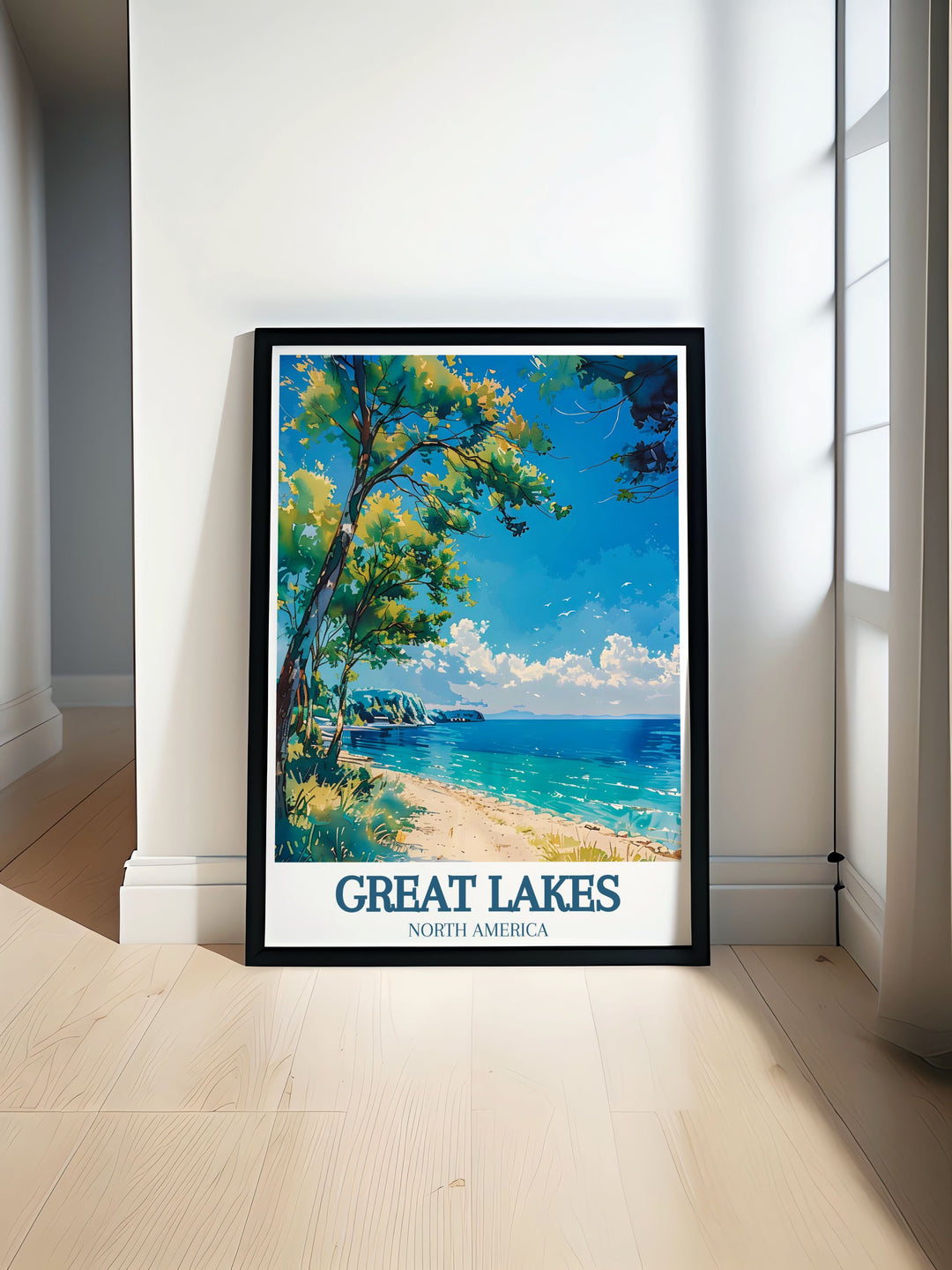 Showcasing the unique cultural landscape of Lake Erie, this travel poster highlights the lakes picturesque beauty and vibrant communities, perfect for enhancing any room.